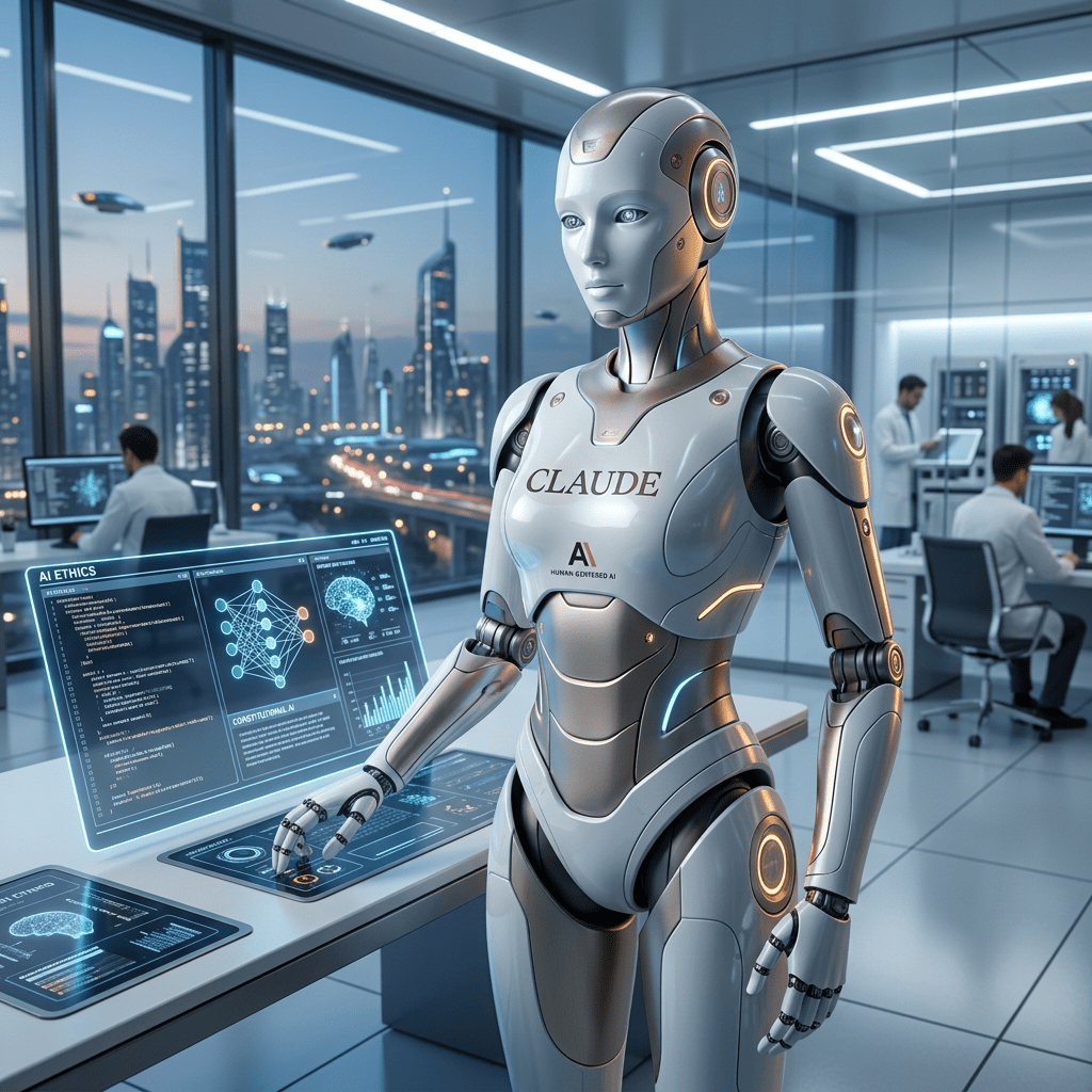 Humanoid robot labeled CLAUDE interacting with transparent AI data interfaces in a futuristic lab